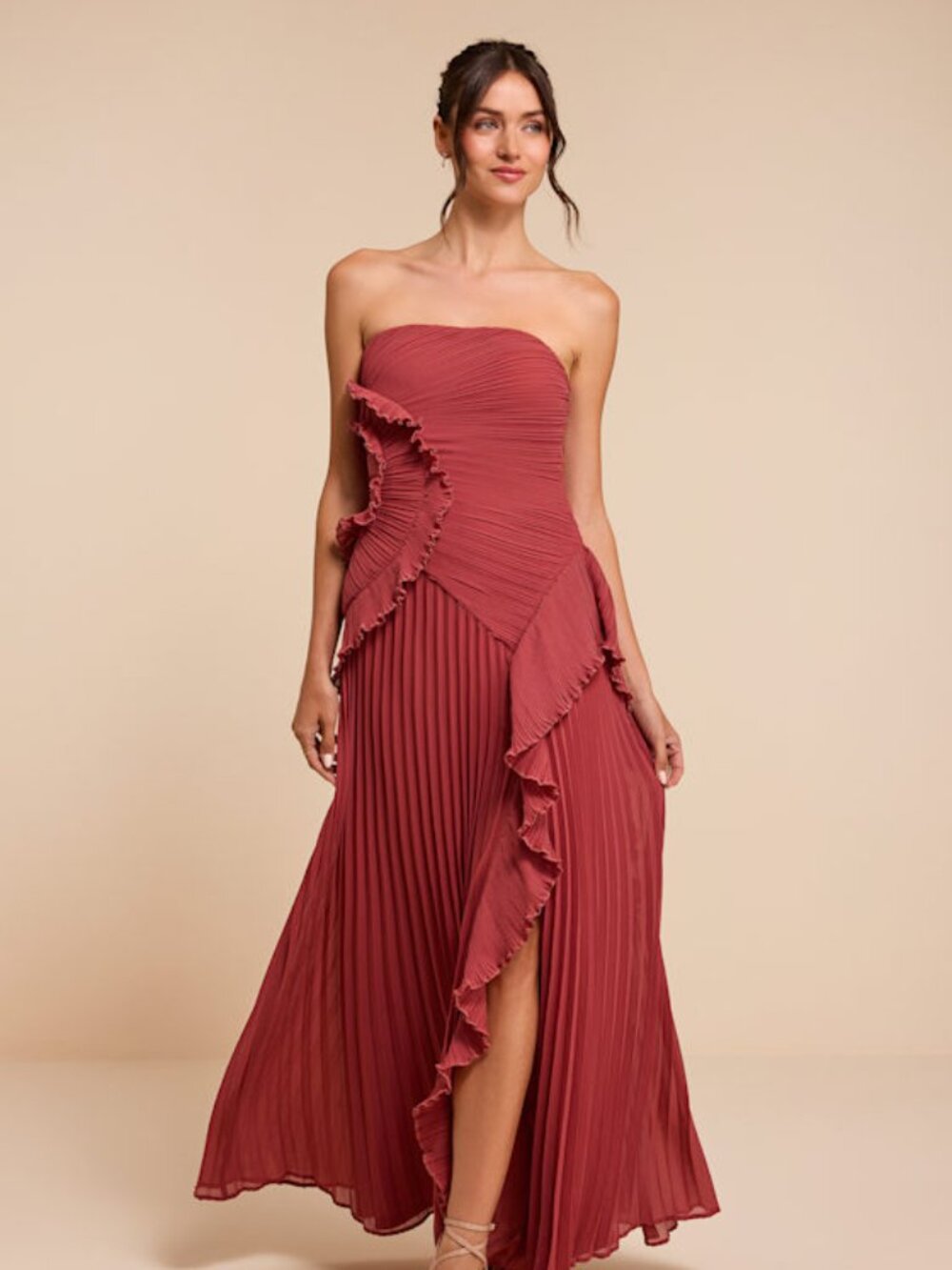 Lulus Brylee Rusty Rose Pleated Ruffled Maxi Dress Pink - Size L